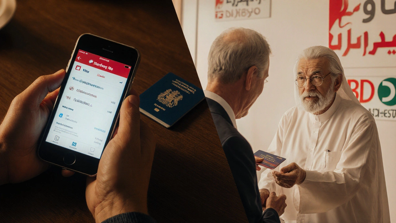 A person opening a digital bank account on a smartphone next to a bank advisor handing out a debit card.