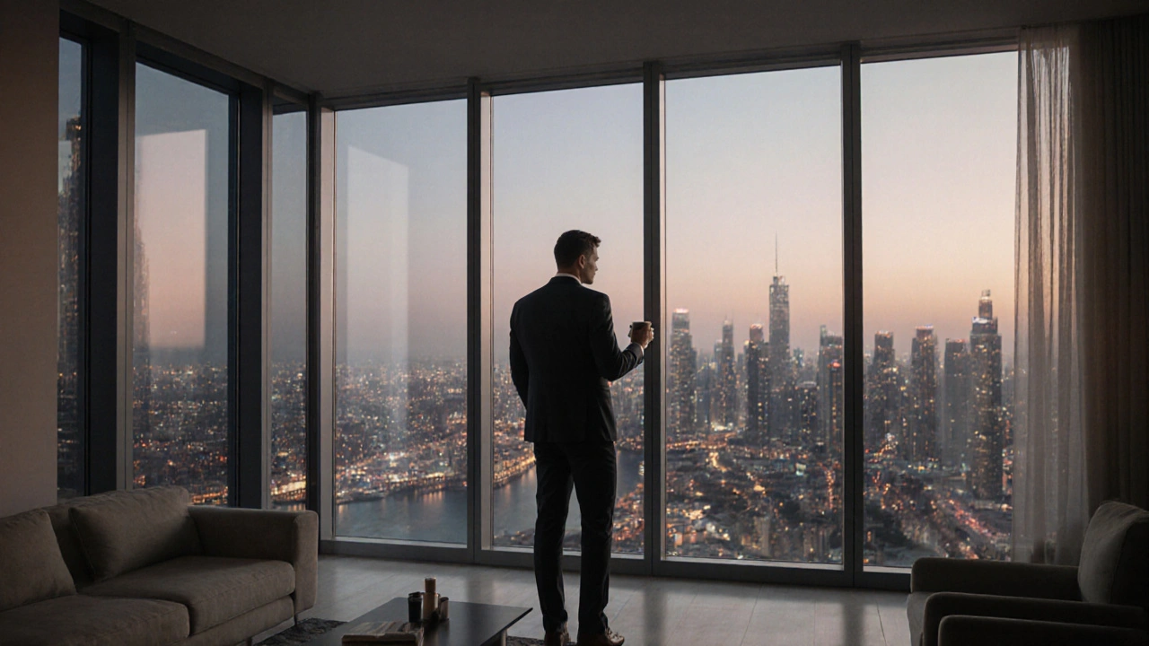 A professional standing at a floor-to-ceiling window in a modern Business Bay penthouse, overlooking the city at dusk.