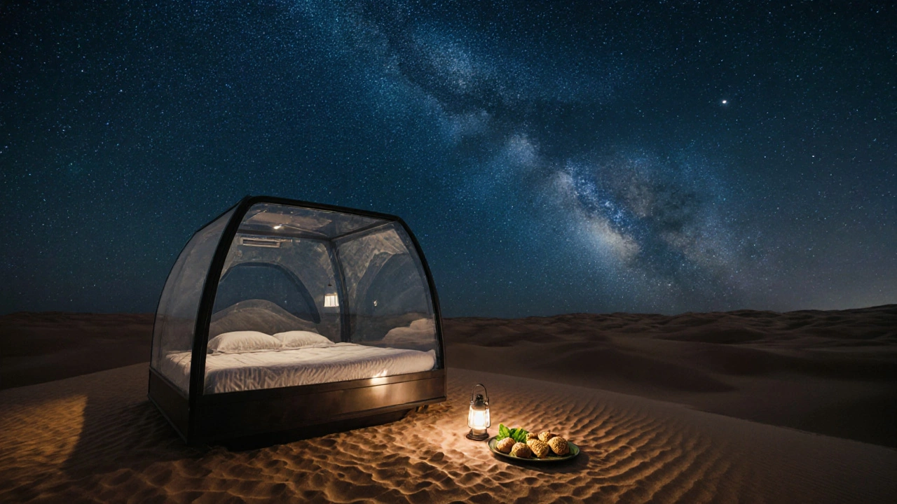 A solitary glass star bed under the Milky Way in the silent Dubai desert at night.