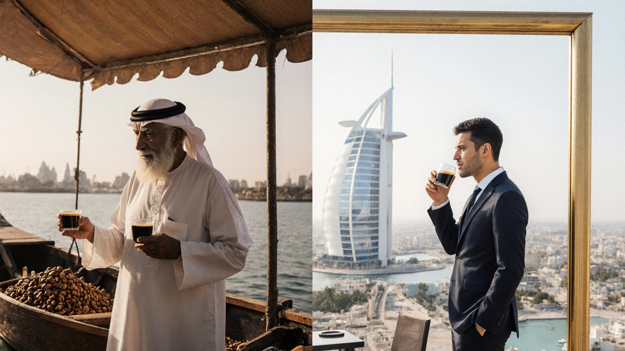 A split view through the Dubai Frame: traditional Emirati life on one side, modern Dubai on the other.