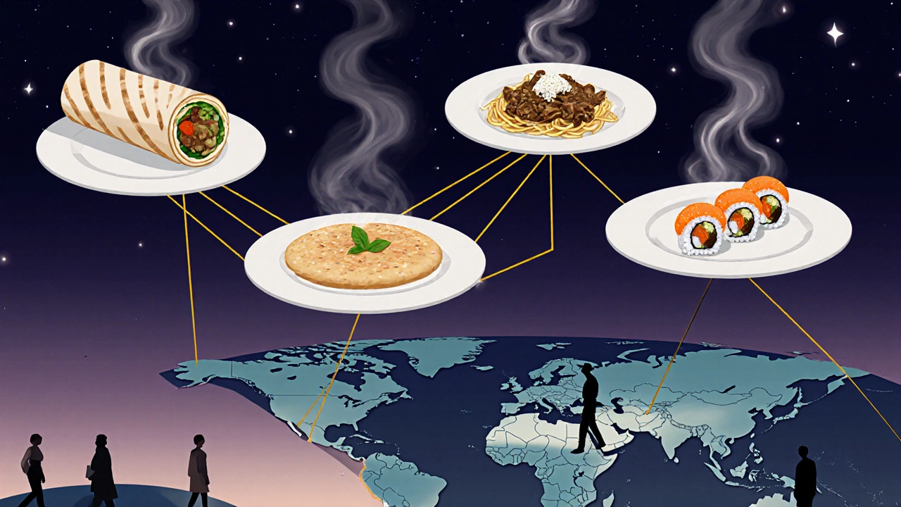 A surreal path of floating global dishes winding through Dubai Mall, connected by steam trails.