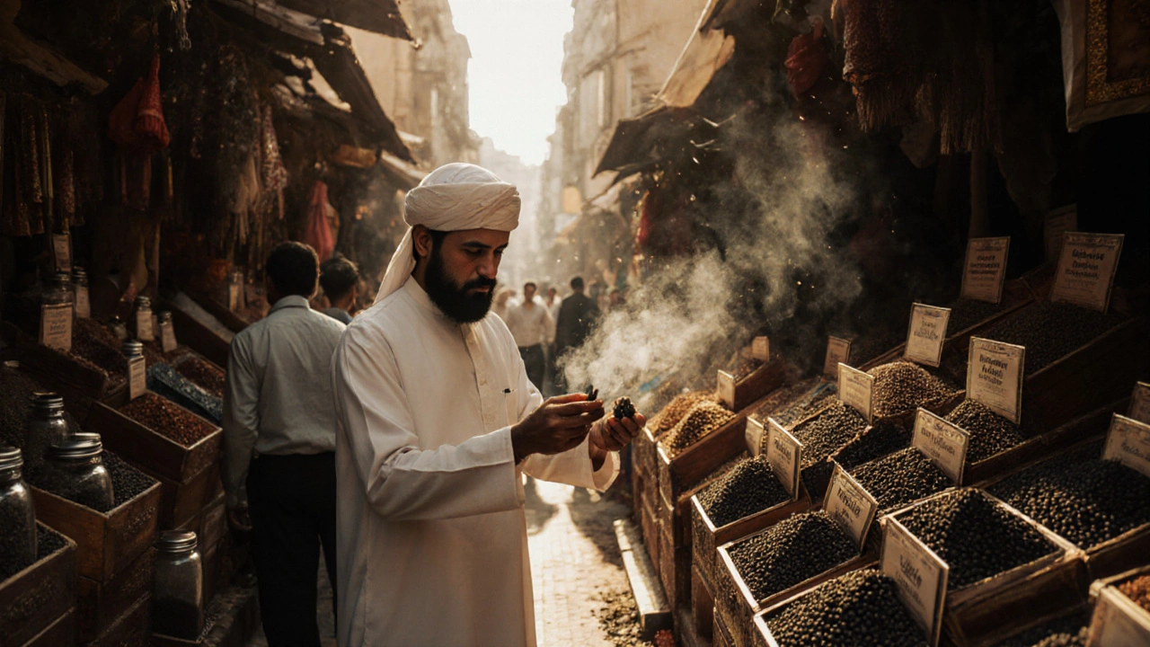 A vendor in the Gold Souk offering traditional bakhoor chips in ornate wooden boxes.