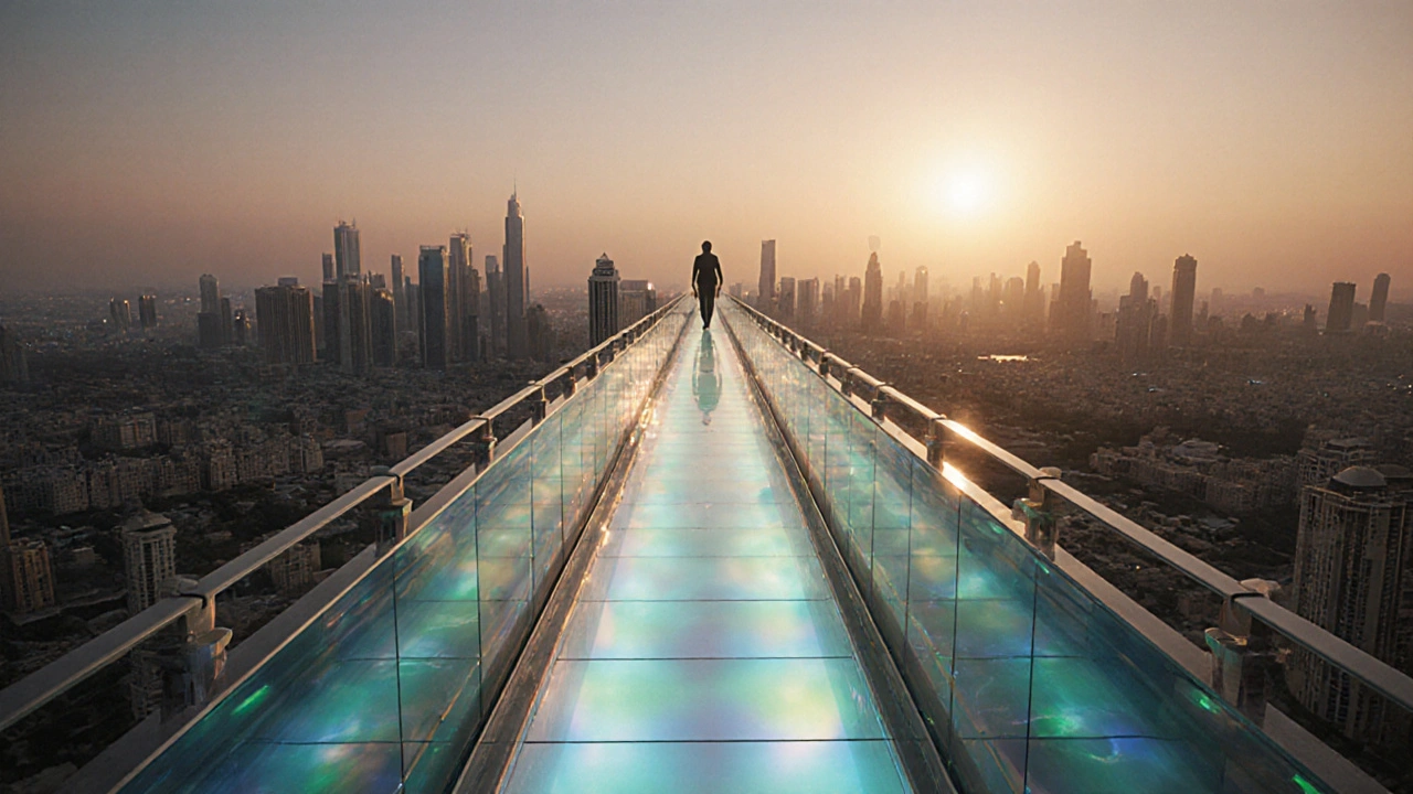 A walkway high above the city appears to float as smart glass turns opaque underfoot.