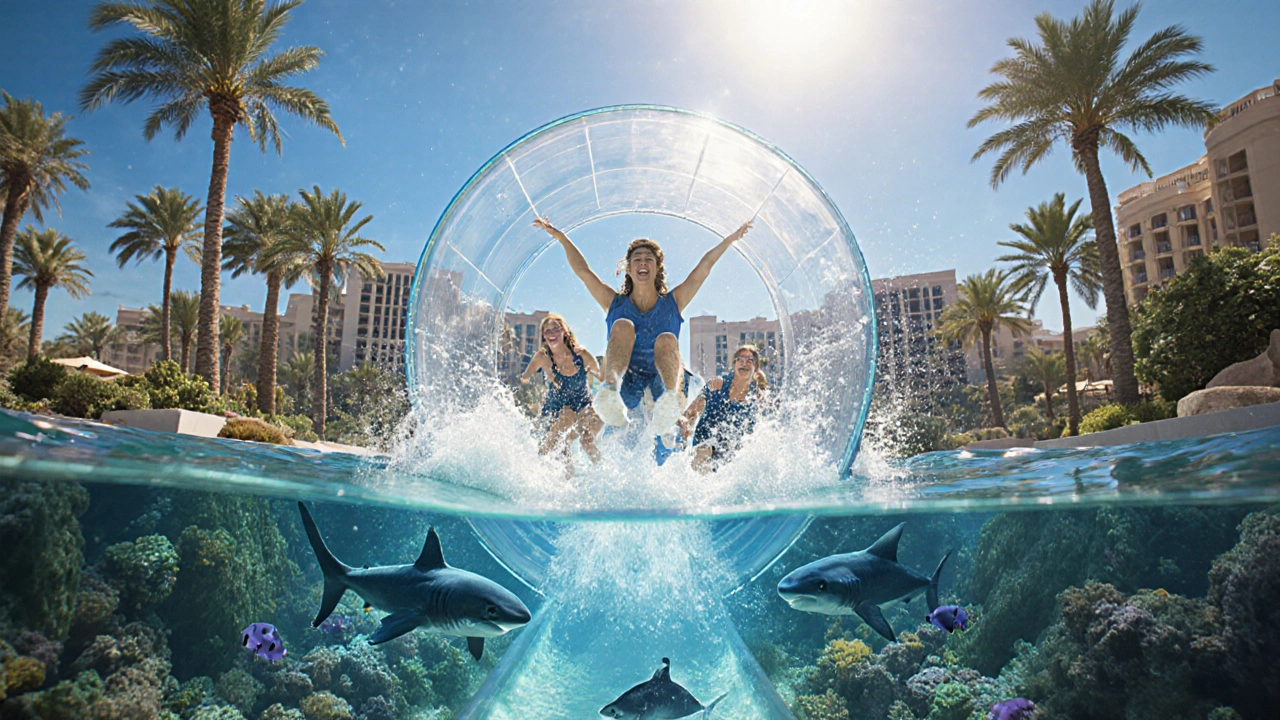 A water slide dropping through a transparent tunnel filled with sharks, set against the backdrop of Atlantis resort.