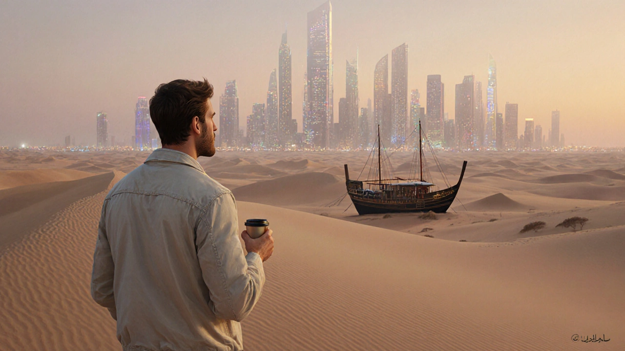 A Westerner at dawn on desert dunes, gazing at Dubai’s skyline, blending tradition and modernity.