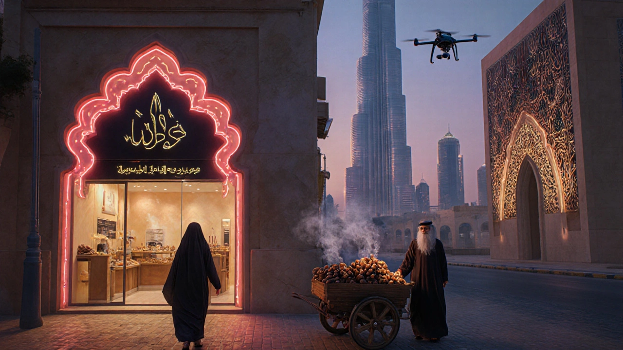 A woman walks past a luxury store as an elderly man sells dates under a traditional arch, with the Museum of the Future glowing behind them at twilight.