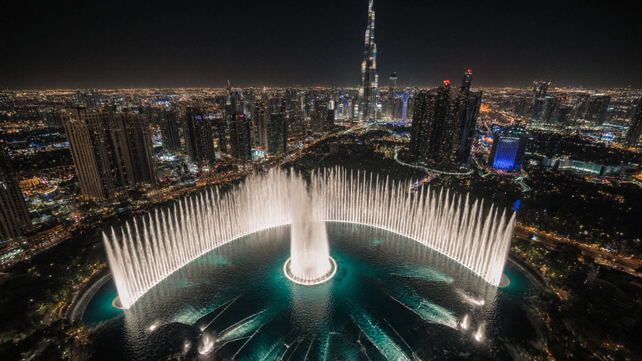 Aerial view of the Dubai Fountain performing a colorful choreographed show against the Dubai skyline at night.