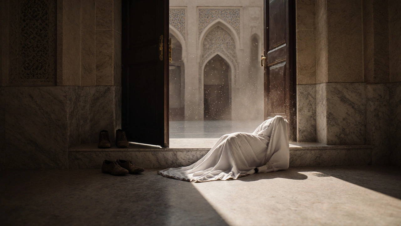 An empty abaya robe and prayer shoes on a marble step, symbolizing quiet welcome and reflection at Jumeirah Mosque.