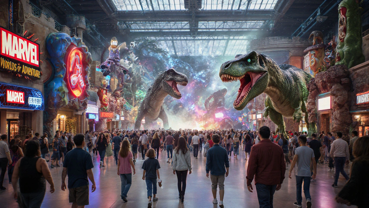 An indoor theme park with superhero and cartoon-themed zones, featuring animatronic dinosaurs and excited visitors.