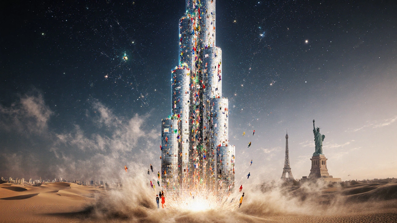 Burj Khalifa built from glowing human threads, rising from desert sand as global icons fade away.