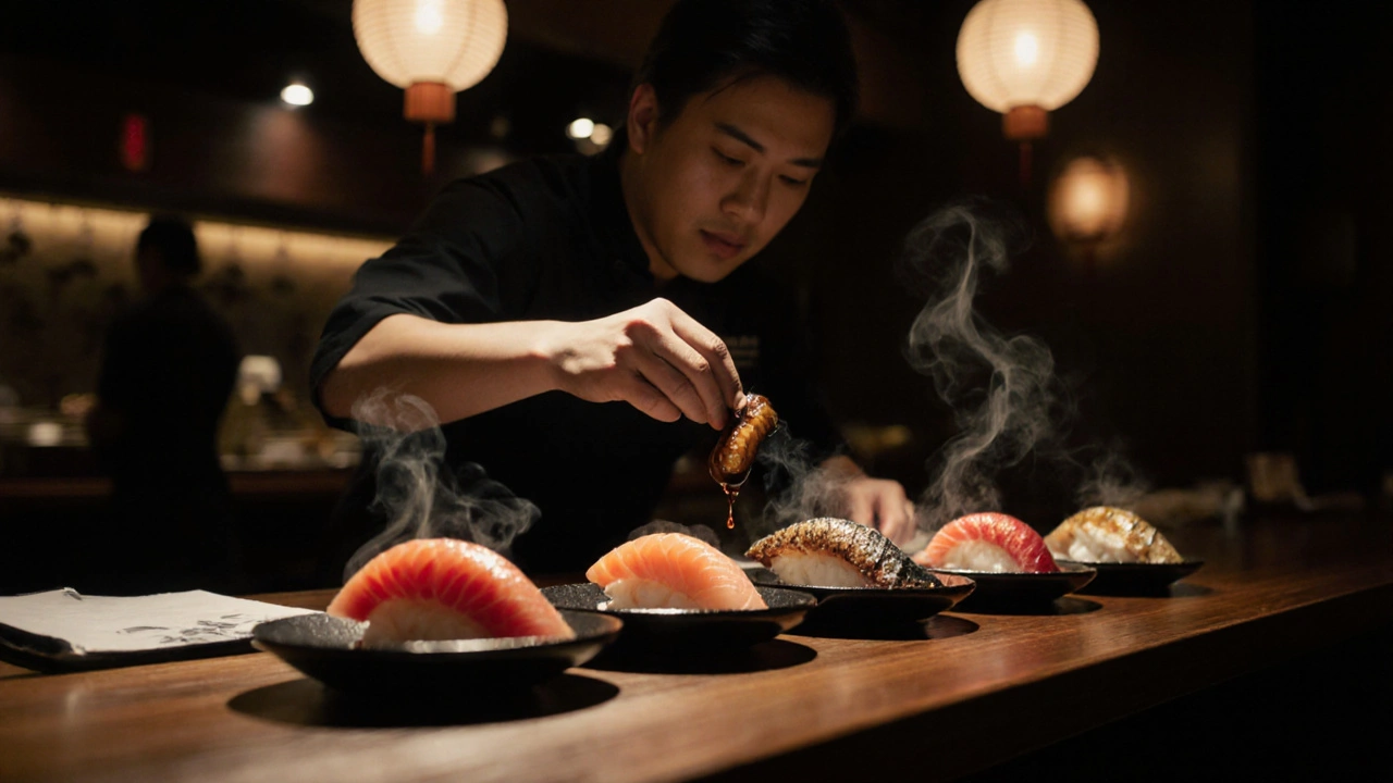 Chef preparing omakase sushi at Junsui with fresh fish and traditional lacquerware.