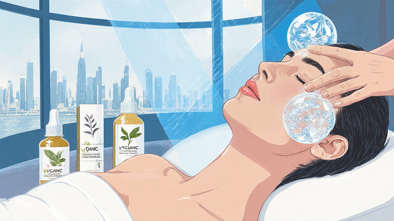 Client enjoying a glow facial with cold therapy and organic skincare in a serene French-inspired salon.