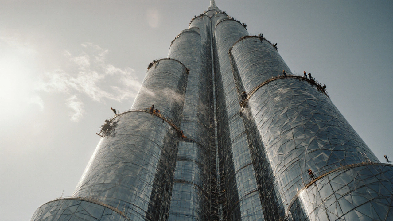 Close-up of Burj Khalifa&#039;s detailed facade under intense sunlight, with workers on elevators.