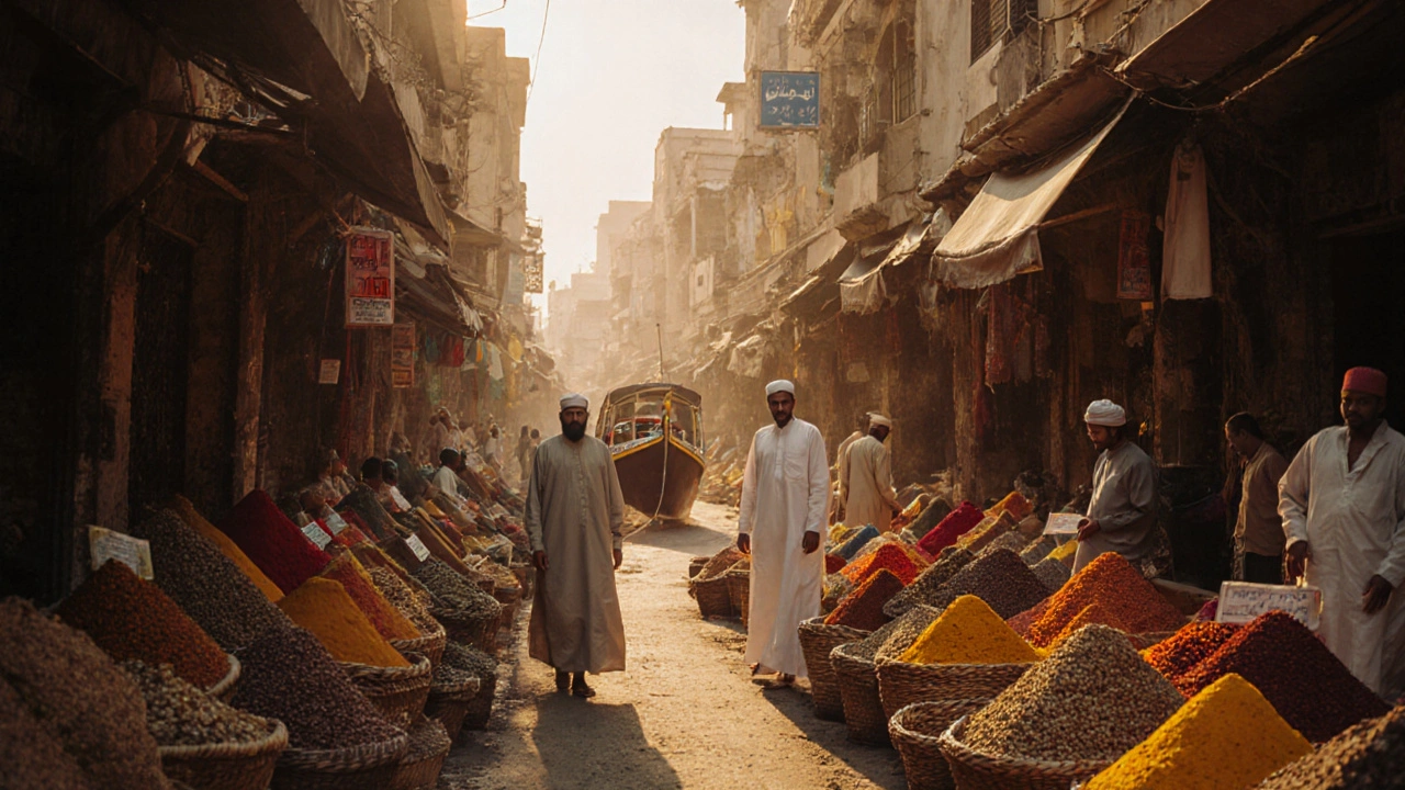 Colorful spice market in Deira with traditional goods, abra boats on Dubai Creek, golden hour light.