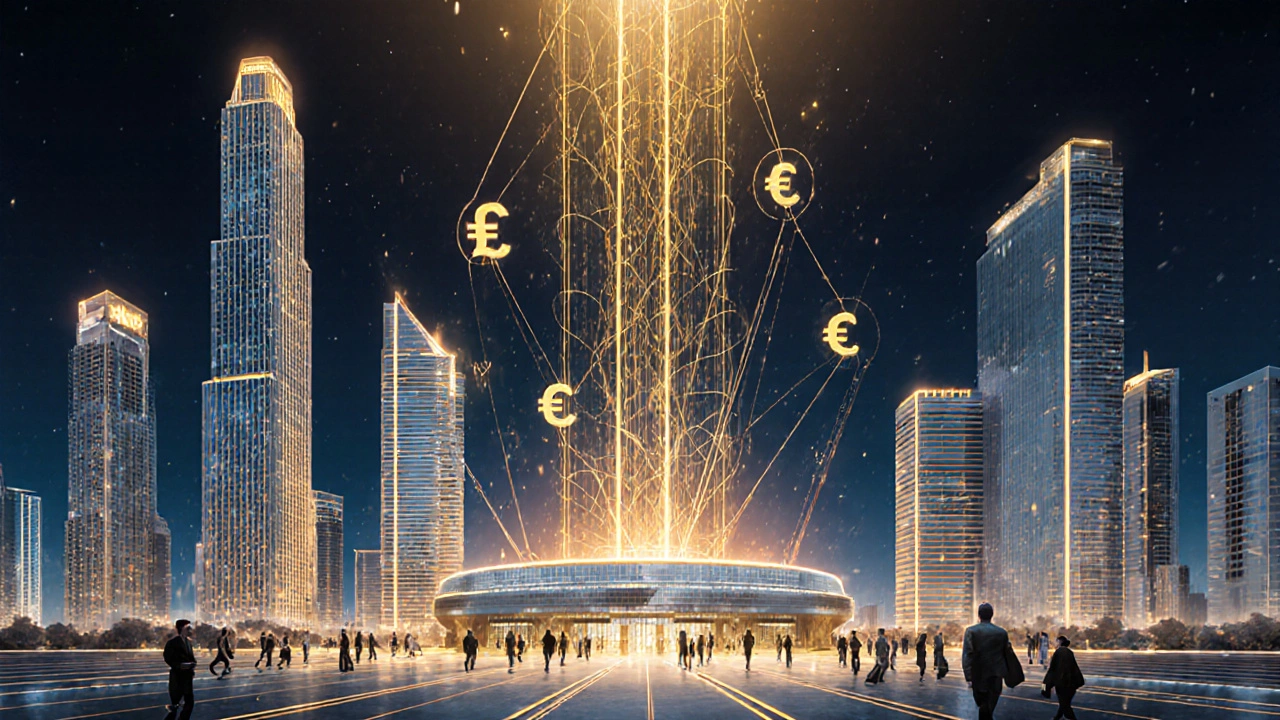 Conceptual golden network connecting Business Bay towers to DIFC, symbolizing financial flow and global investment.