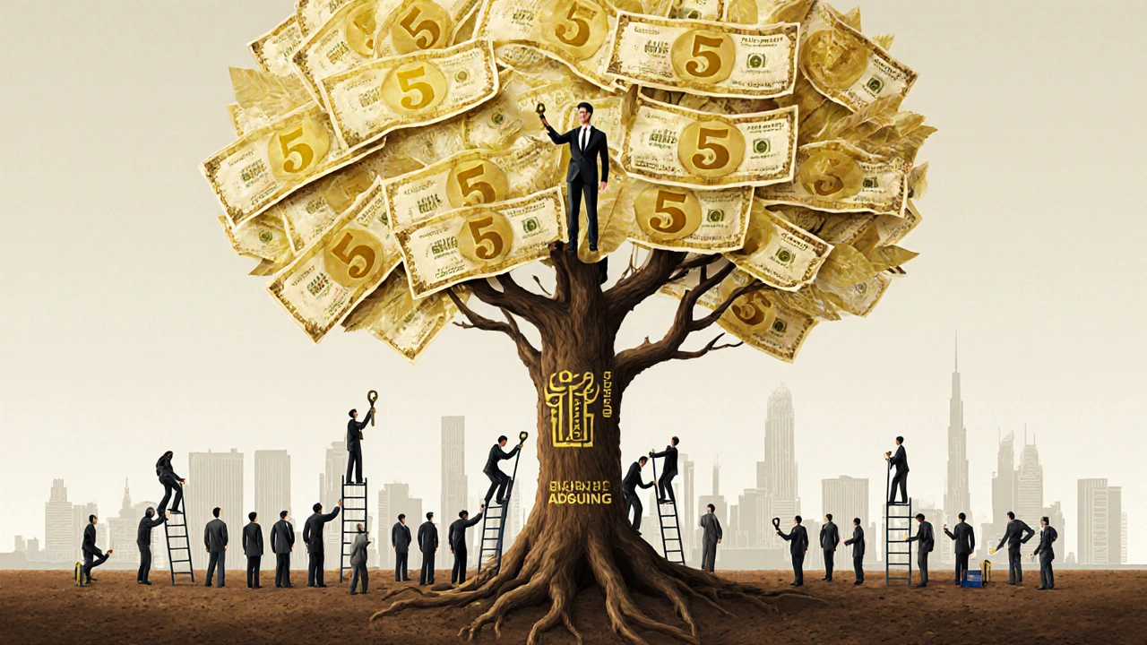 Conceptual tree with golden banknote leaves rooted in Dubai luxury neighborhoods, one agent at the top holding a key, others struggling below.
