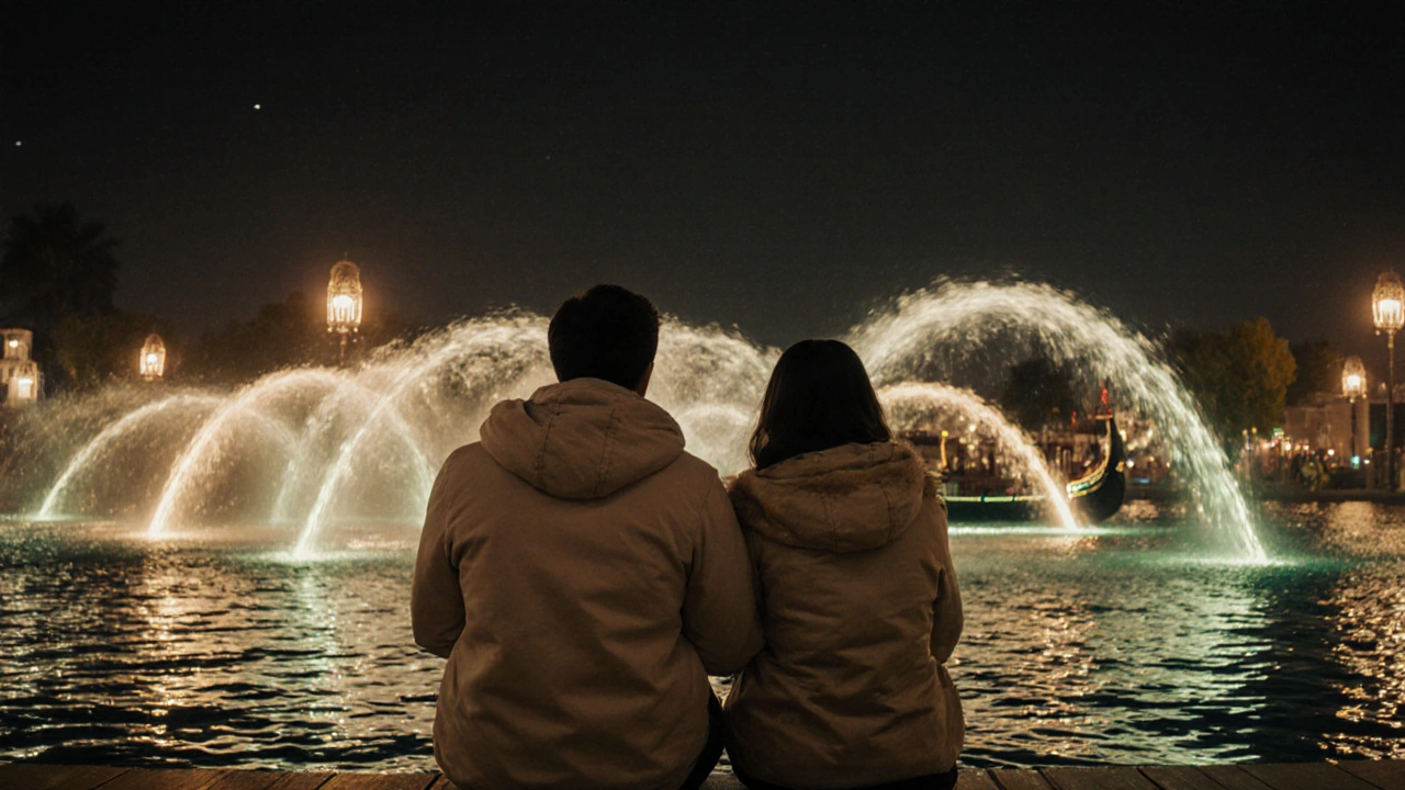 Couple on a bench at Souk Al Bahar watching the fountain dance under warm lantern lights and reflected water glow.
