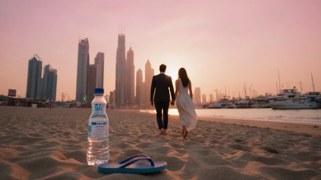 Couple walking at sunset on JBR Beach, silhouetted against glowing skyline with no buildings in foreground.