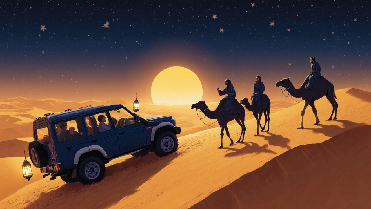 Desert safari at dusk in January, golden dunes, 4x4 vehicle climbing hill, starry sky above, warm lantern glow.