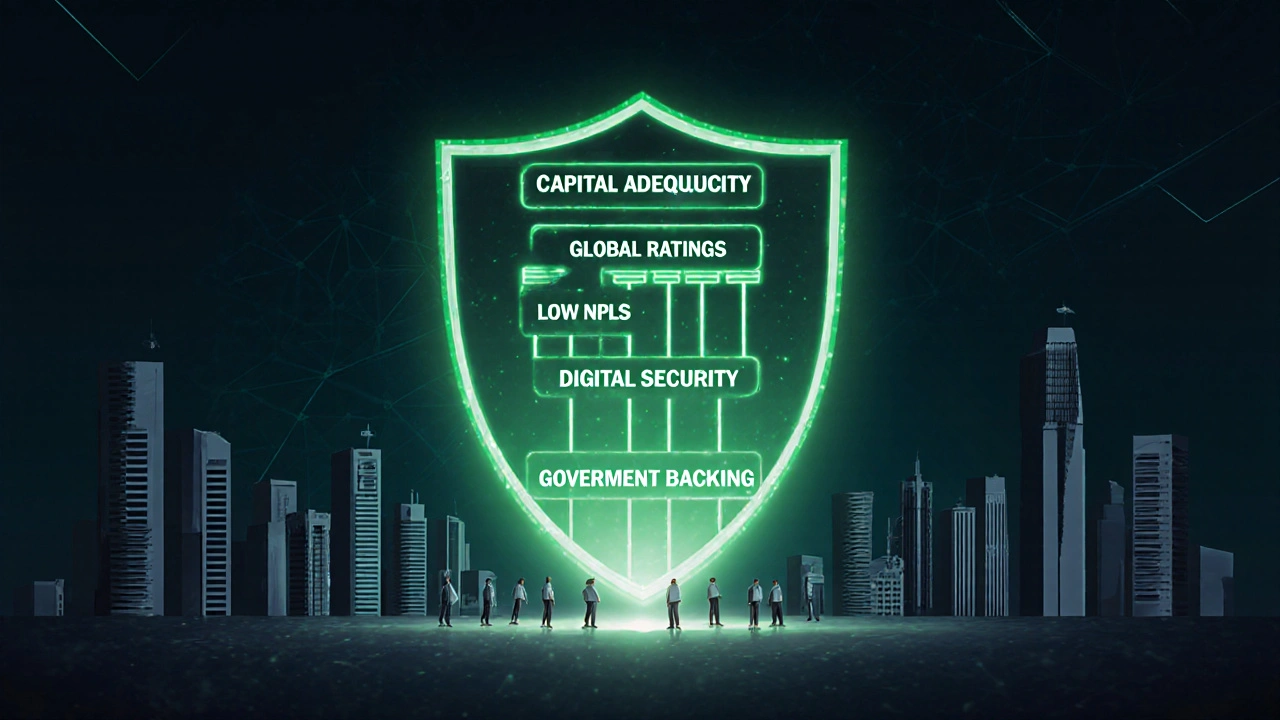 Digital security shield made of five financial pillars protecting depositors above Dubai skyline.