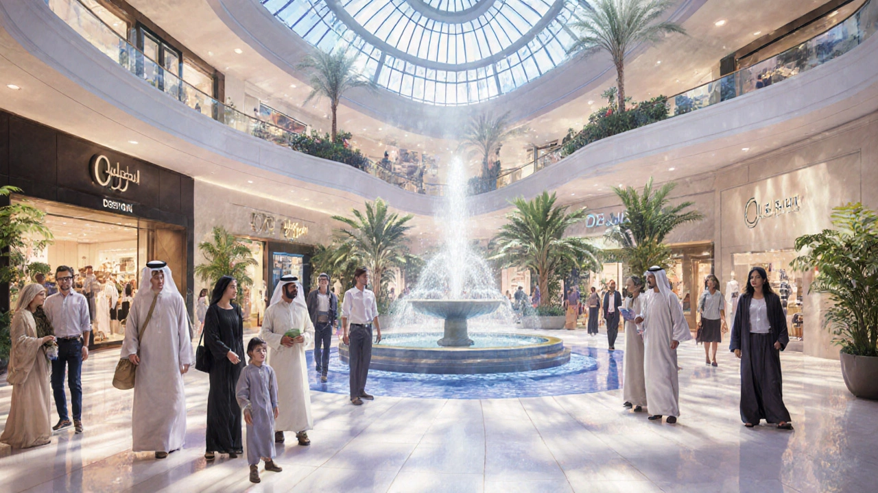 Diverse group of people shopping together in a bright, elegant Dubai mall with indoor gardens and fountains.