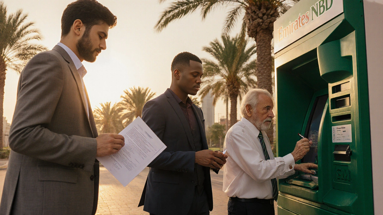 Diverse people using Dubai banks—ATM, loan signing, and digital payments in golden light.