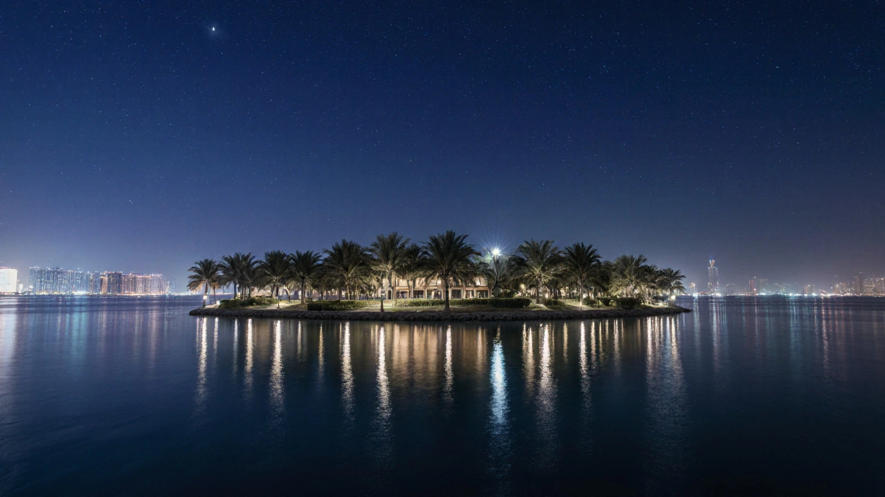 Drone view of Palm Jumeirah glowing at blue hour, lights mirrored on still water under a dark indigo sky.