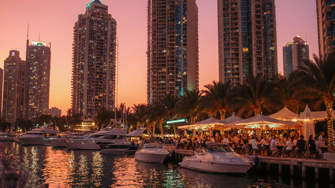 Dubai Marina at sunset with yachts, glowing high-rises, and people dining by the water.