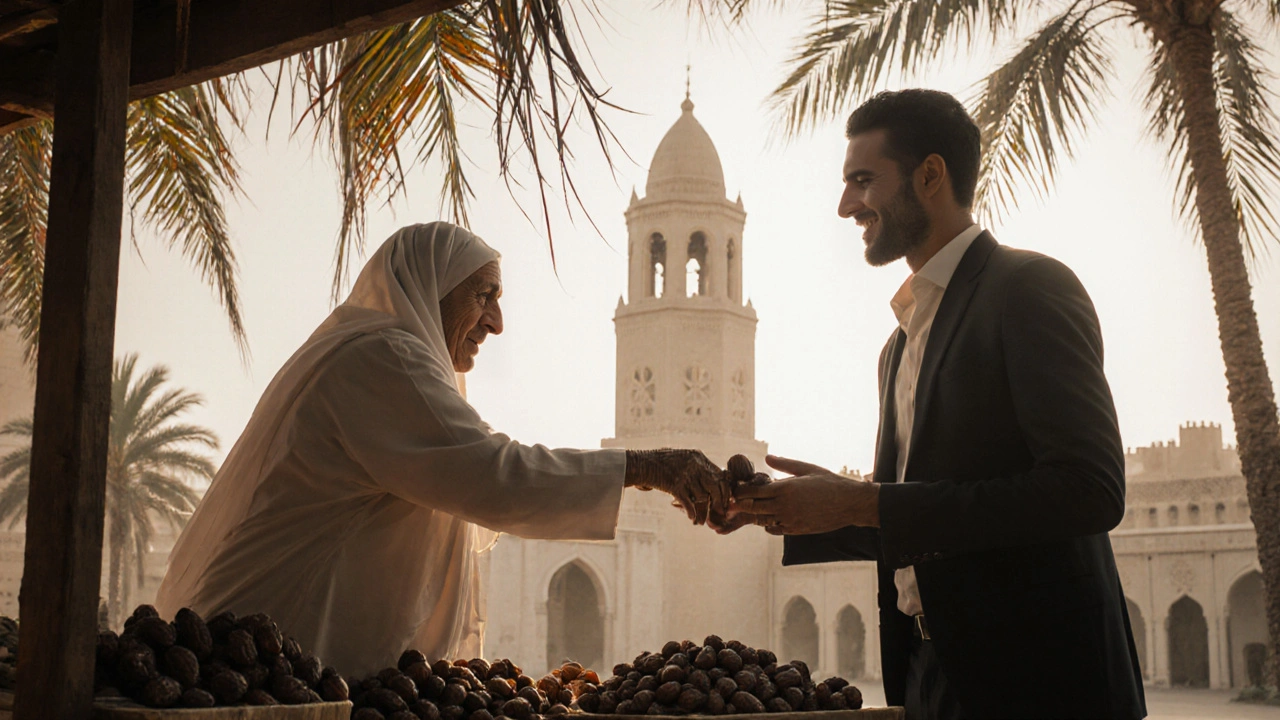 Elderly woman giving dates to a visitor in historic Al Fahidi district