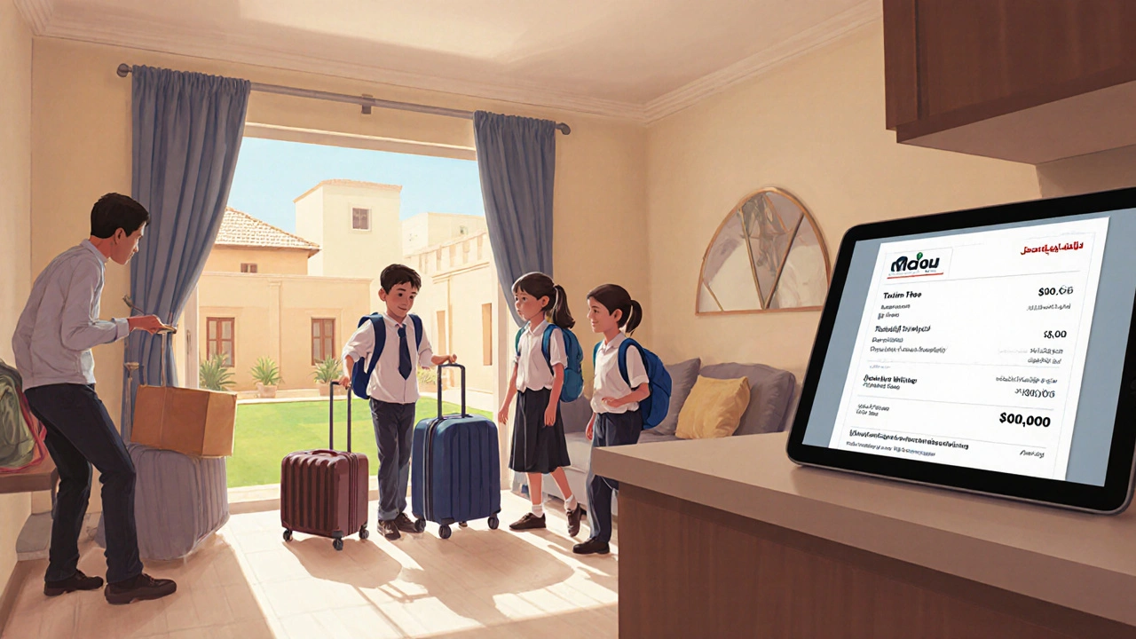 Family packing for a trip in a JVC villa, school supplies and tuition bill visible.