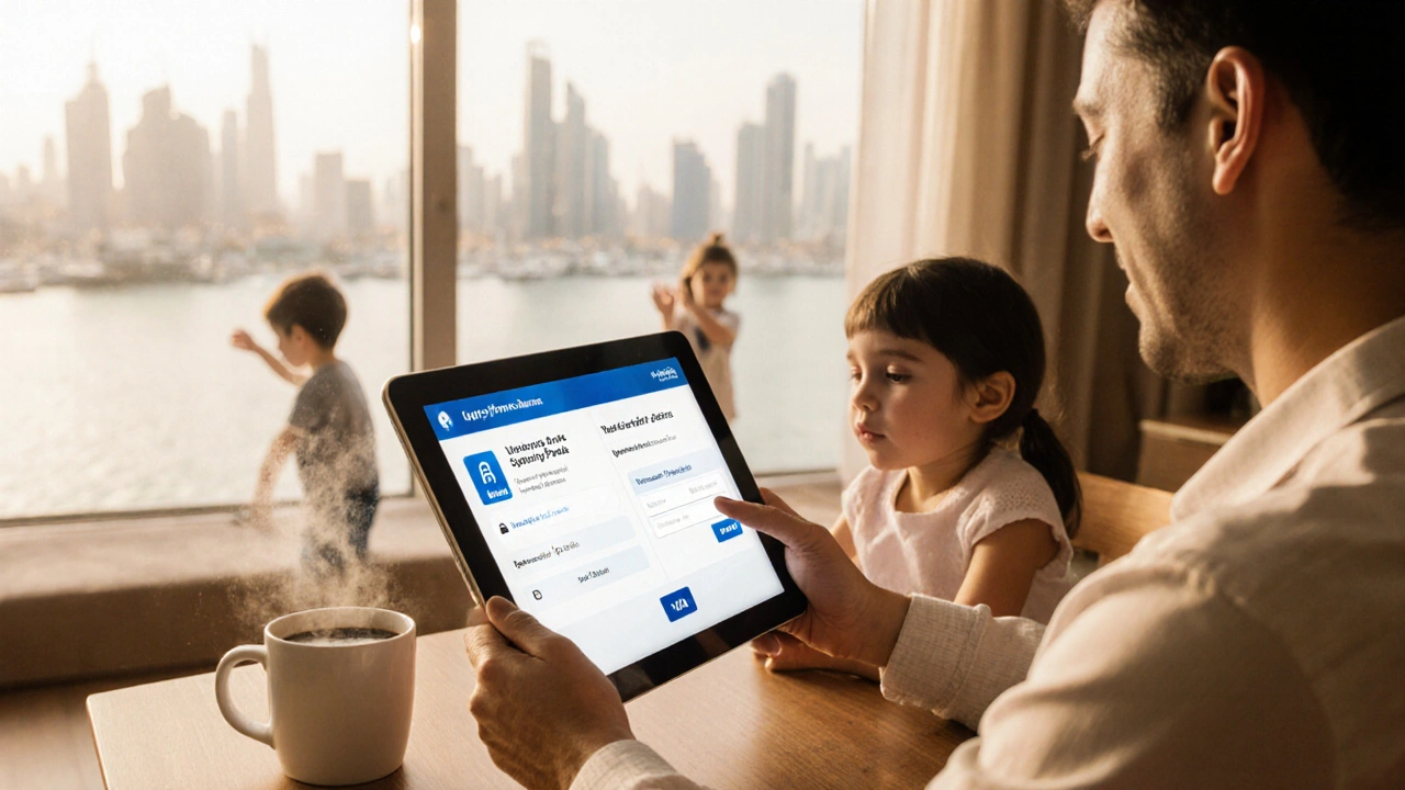 Family reviewing bank security features on tablet in home office overlooking Dubai Marina.