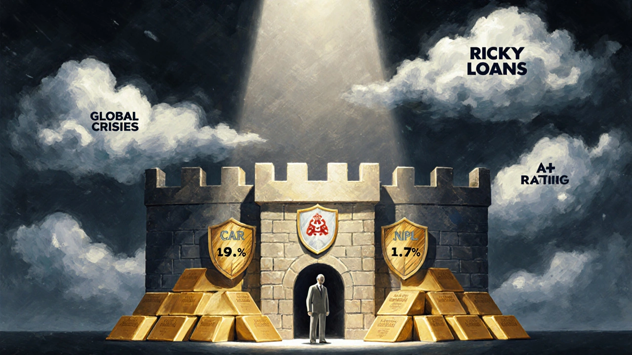 Financial fortress built from capital reserves and ratings, protecting a depositor from economic storms.