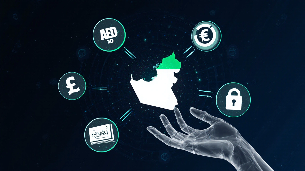 Floating currencies orbiting a map of the UAE, connected by glowing data streams in a minimalist digital ecosystem.