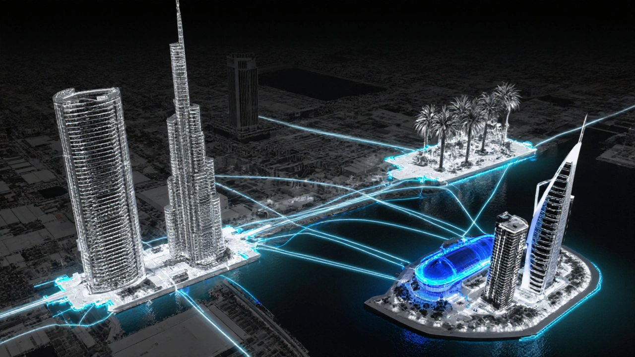 Four major Dubai developments connected by glowing lines representing government control