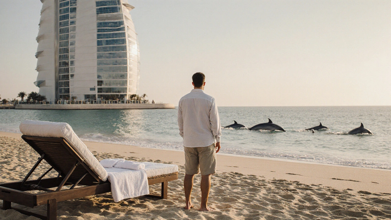 Guest on private beach at Burj Al Arab watching dolphins swim, empty horizon, serene morning light.