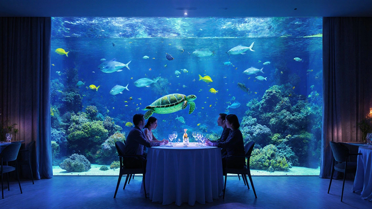 Guests dining in front of a massive aquarium with fish and a sea turtle swimming by.