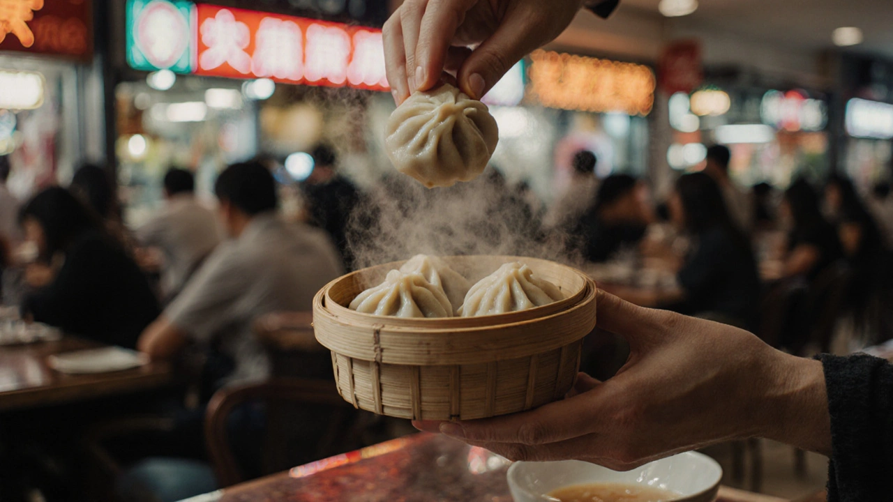 Hands lifting a steaming soup dumpling as steam rises, surrounded by a bustling Chinese food stall.