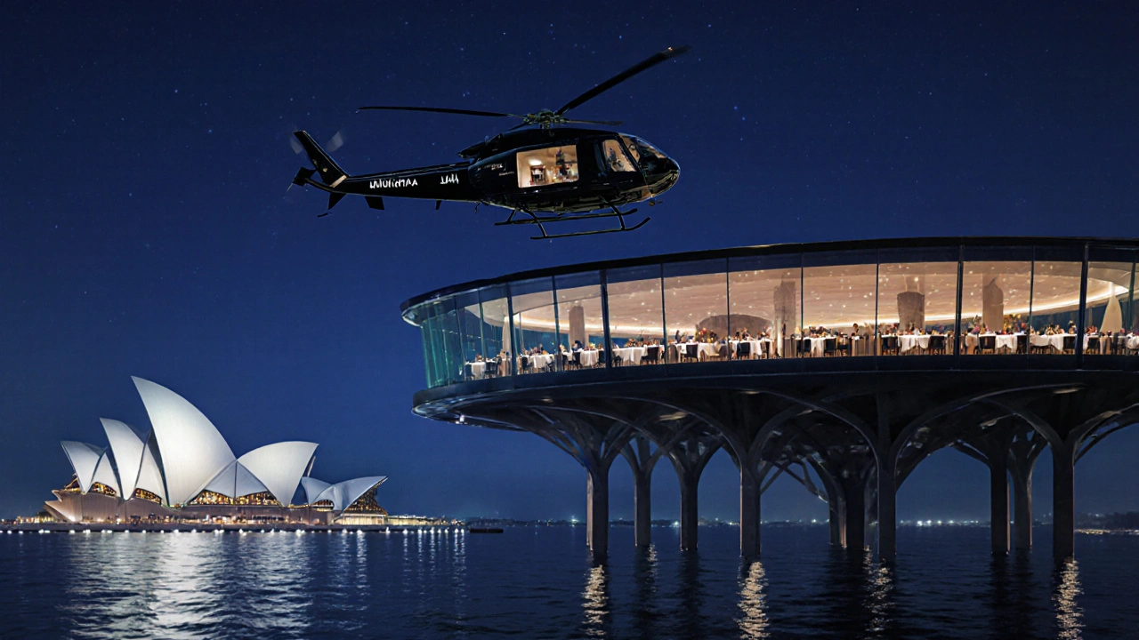 Helipad restaurant Al Muntaha at night with a helicopter hovering above, lit by warm lights over the sea.