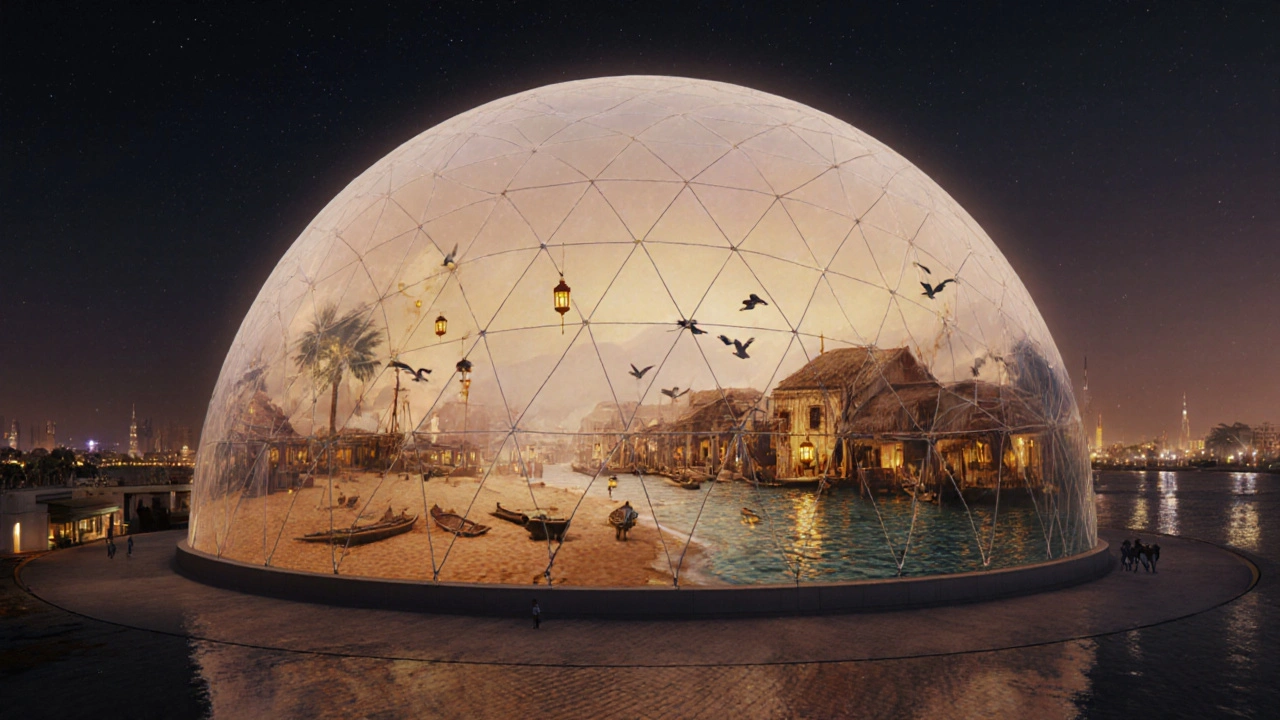 Holographic dome projecting a historic Dubai fishing village with realistic lights and sounds.