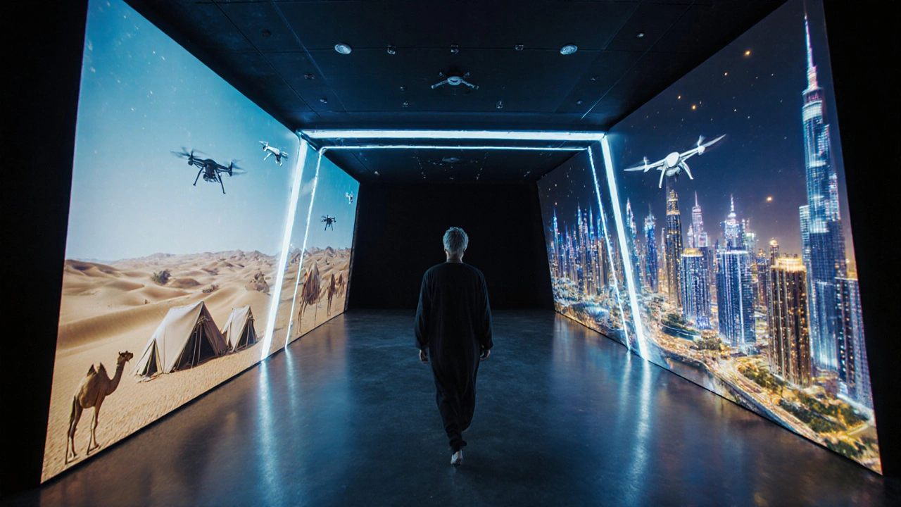 Inside the Dubai Frame&#039;s digital tunnel, a glowing journey from Bedouin camps to futuristic skyscrapers.