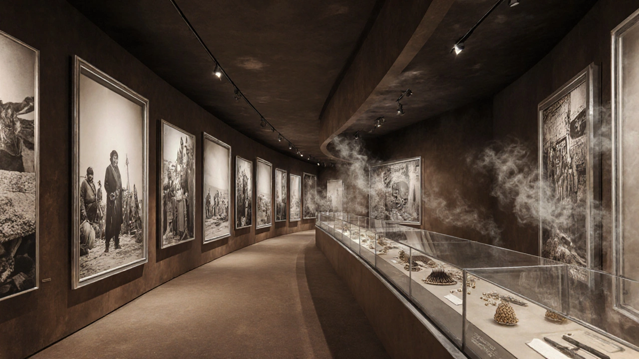 Interior museum pathway showing vintage photos and artifacts of old Dubai transitioning to sleek modern designs.