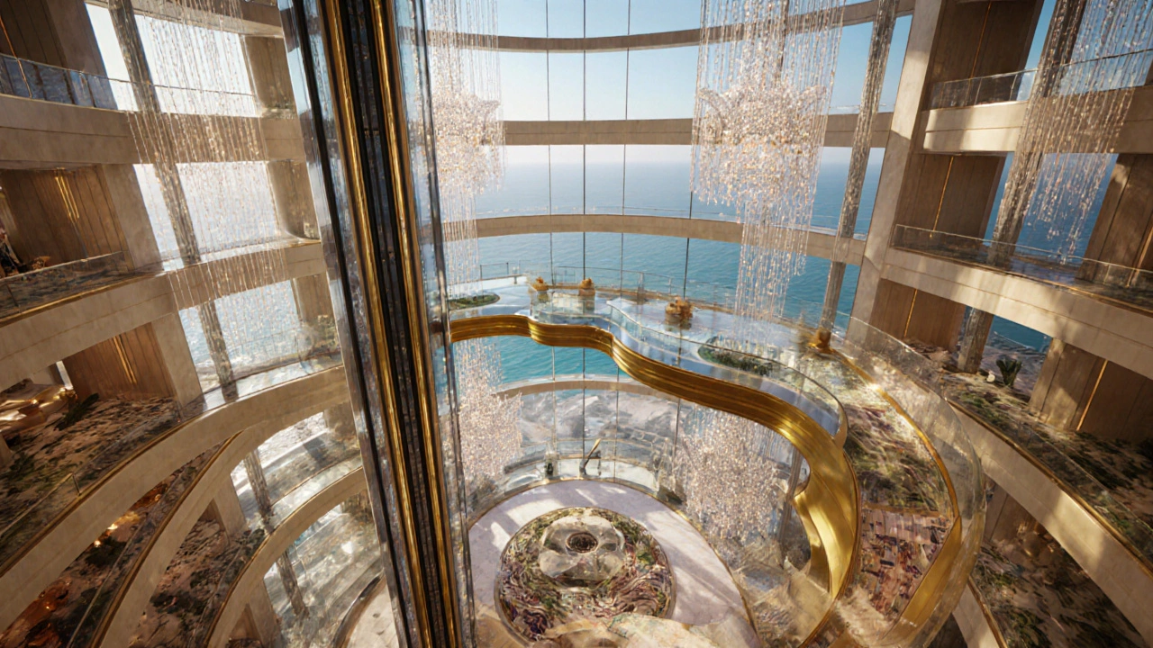 Interior of the Burj Al Arab atrium with a glass elevator floating above the ocean, no columns in sight.