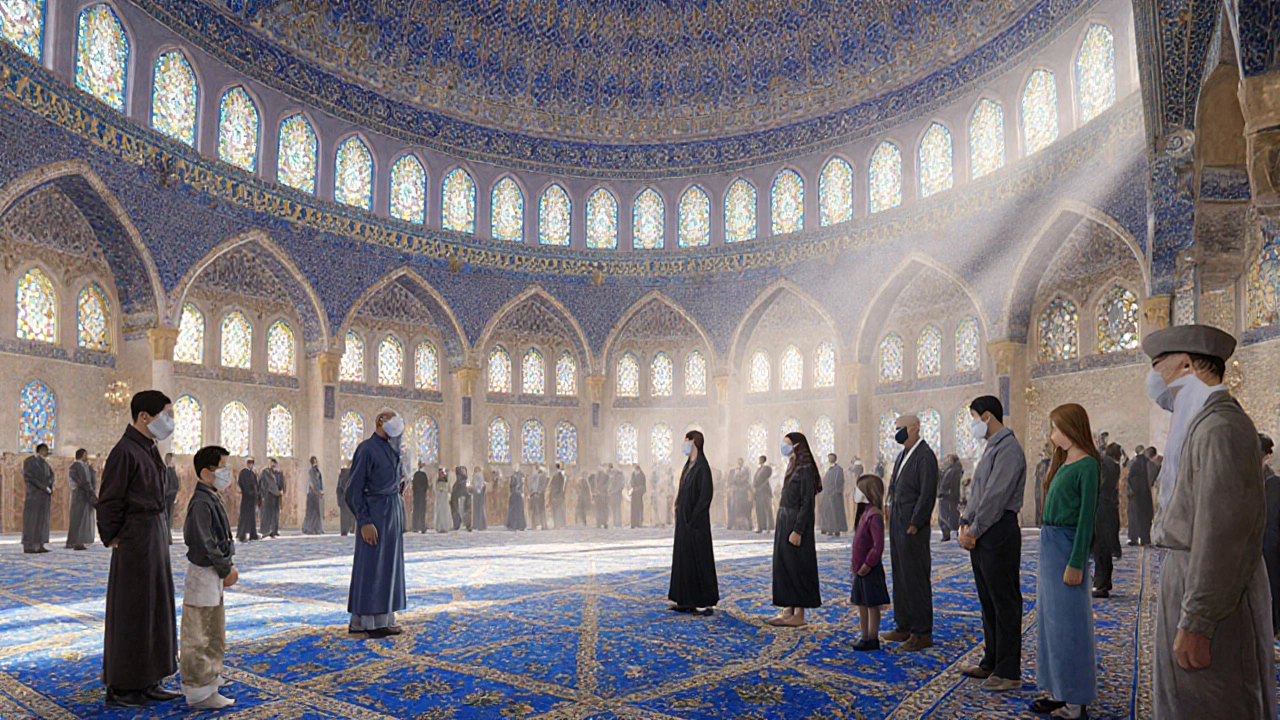 Interior of the mosque with sunlight filtering through stained glass, painting colorful patterns on carpets and arches.