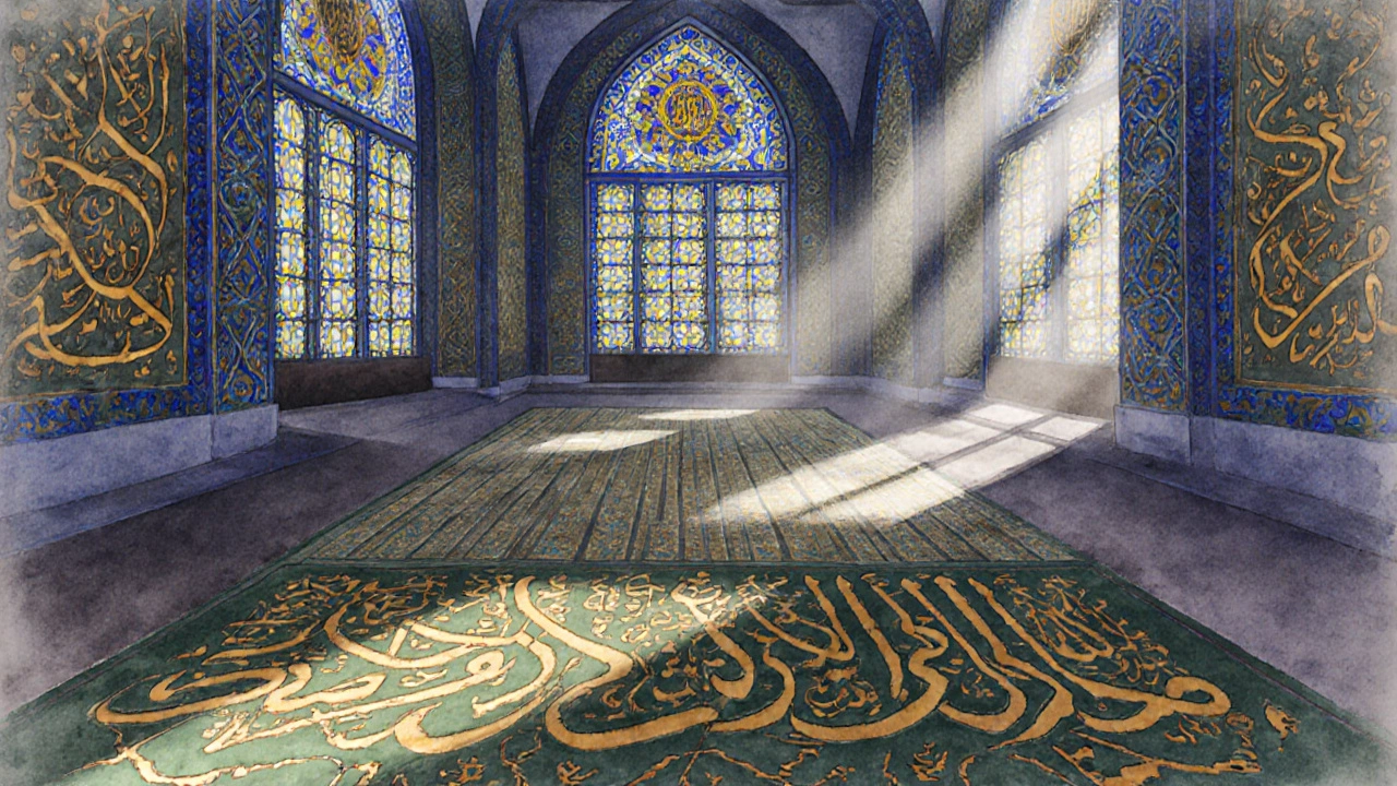Interior of the prayer hall with stained-glass light casting colorful patterns on a detailed handwoven carpet and golden calligraphy on walls.