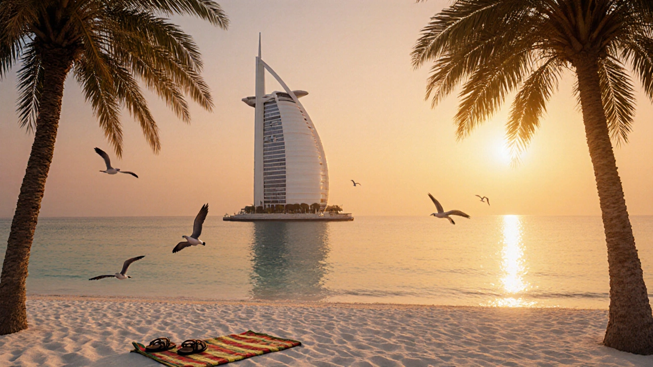 Jumeirah Beach at sunset with Burj Al Arab reflected in golden water and empty towel on sand.