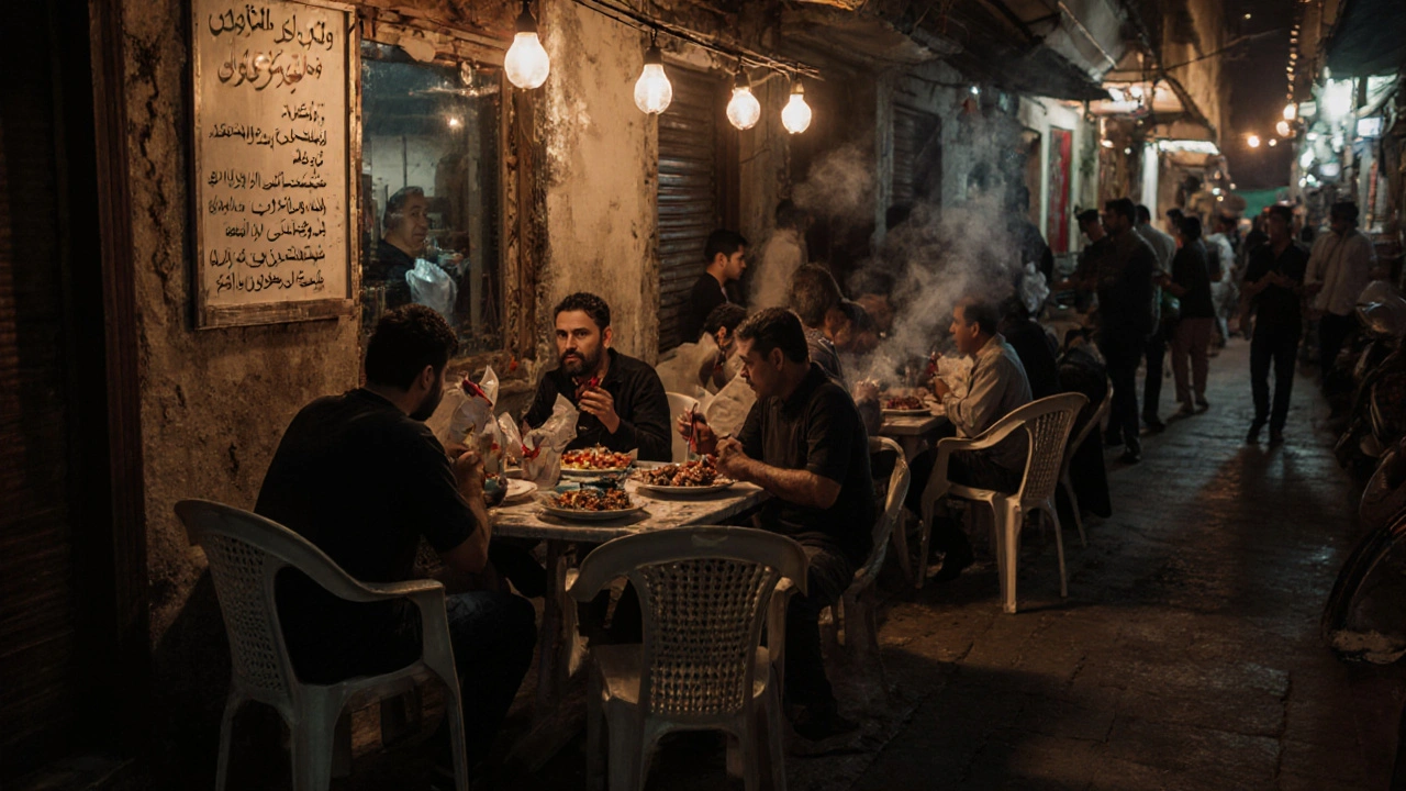 Local eatery in a Deira alley with shawarma, kebabs, and plastic chairs under warm lights.