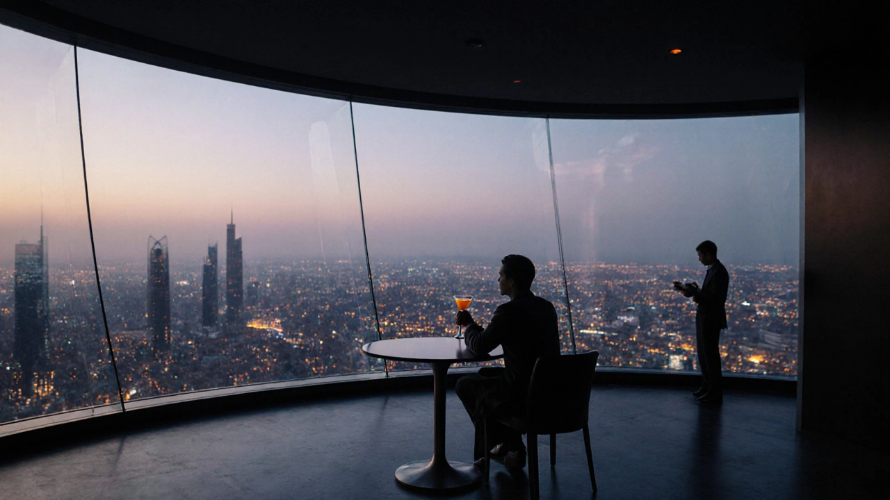 Lone diner in a sleek lounge high in Burj Khalifa, mirrored walls reflecting the glowing city skyline.