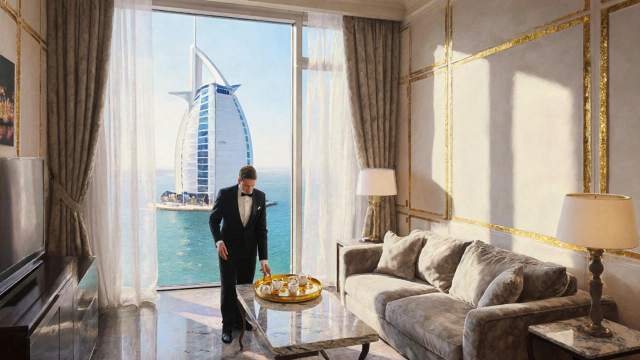 Luxurious suite interior with a butler serving tea, golden accents, and ocean views through floor-to-ceiling windows.