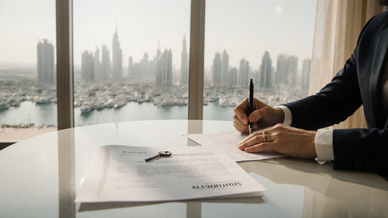 Luxury apartment in Dubai Marina with a lease agreement and transparent land ownership overlay.