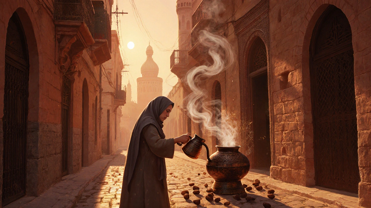 Narrow alley in Al Fahidi with a woman pouring coffee, wind towers, and floating spice particles.
